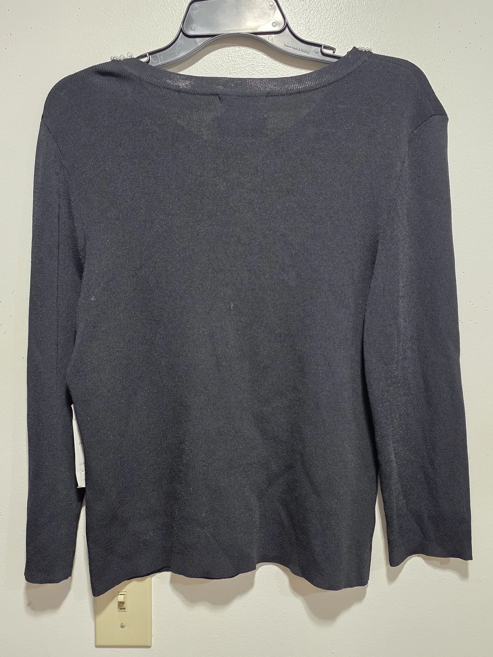 Finity Black Beaded Collar Long Sleeve Sweater Knit Top Rhinestone Pearl L NWT